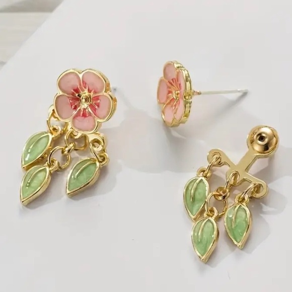 Cherry Blossom Flower with Dangle Leaves Stud Earrings - Picture 3 of 4